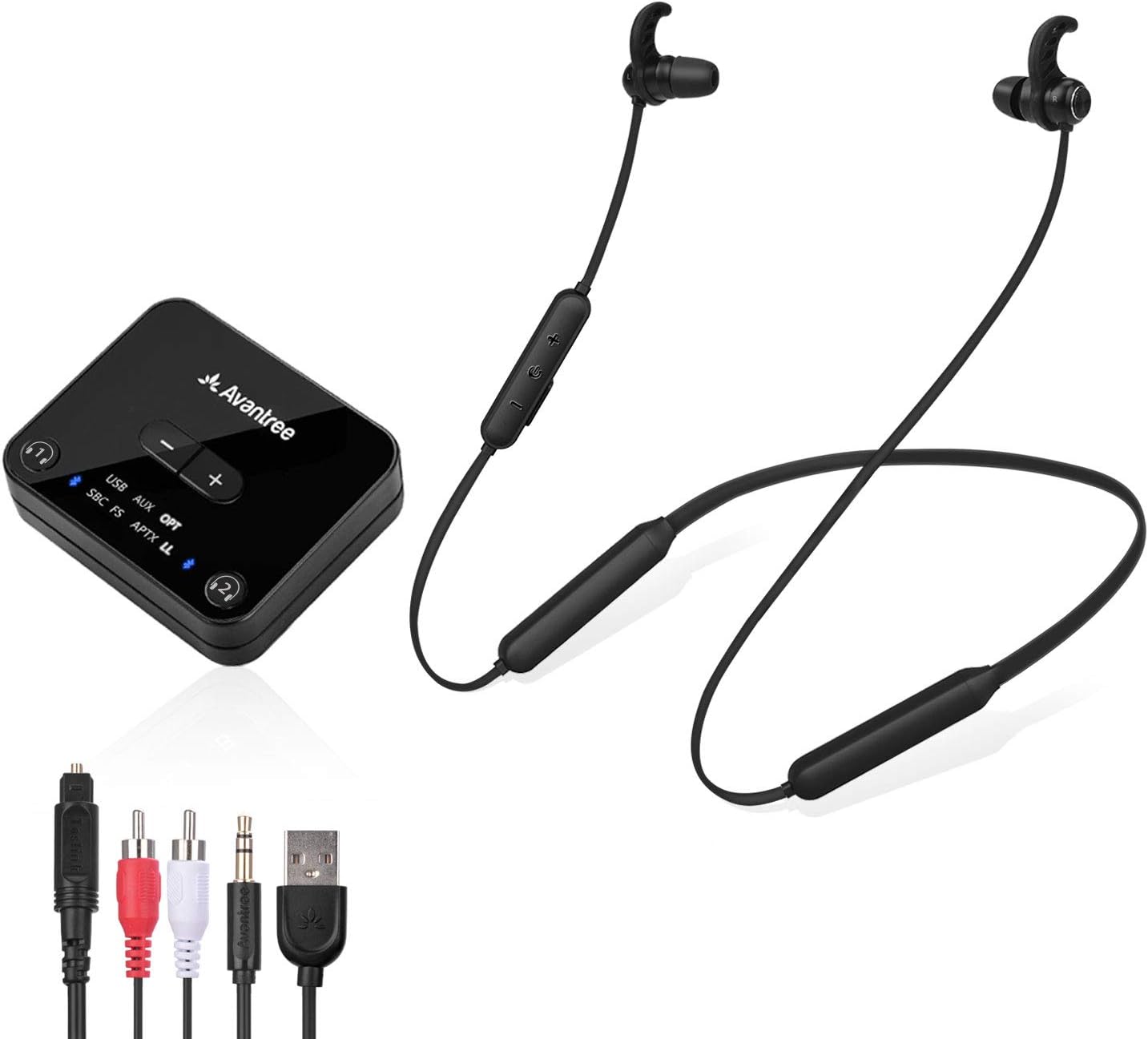 Avantree HT4186 Wireless Headphones Earbuds for TV Watching, Neckband Earphones Set w/Bluetooth Transmitter for Optical Digital Audio, RCA, 3.5mm Aux Ported TVs, Plug & Play, No Audio Delay